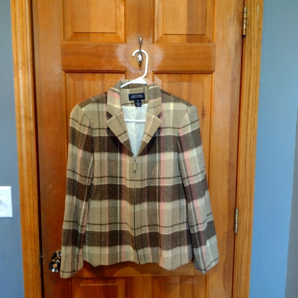 Jones New York Signature 100% pure wool brown pink striped blazer size 12
